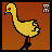 Pixelated yellow bird with red eye, black beak and legs stands against orange background; right shows darker brown gradient
