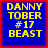 Four identical blue square icons with red borders display yellow pixelated text reading DANNY TOBER #17 BEAST.