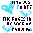 A static image with repeated text and blue heart shapes, featuring 'TIME JUST PAINTS' at the top and 'THE PAGES IN MY BOOK OF MEMORIES' below in black and light blue pixelated font.