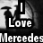 Black-and-white pixelated icon with stylized text reading "I Love Mercedes" over a blurred background.