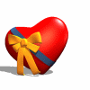 Red heart-shaped gift box with yellow bow and blue ribbon, shown in four of four identical icons on white background