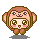 Pixel art contact sheet of four animated frames showing a monkey mascot with changing facial expressions and poses against gray background.