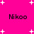 Bright pink background with scattered white plus signs and four instances of the text 'Nikoo' in black pixelated font.