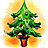 Pixelated green Christmas tree with colorful ornaments on a yellow-orange gradient background, next to red pixelated text on green background.