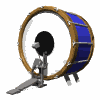Six identical 3D-rendered bass drums arranged in two of three, each with blue drumhead, brown rim, and metallic hardware