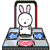 Animated sequence of a white rabbit character performing dance moves on a DDR-style platform with blue and red buttons.