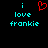 Pixelated cyan text 'i love frankie' on black background with red heart symbol above 'i'