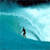 Pixelated static image of a surfer riding a wave in turquoise and white tones with dark top border.