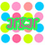 A static pixelated image with a grid of colored circles surrounding central text on a white background.