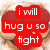 A pixelated image of a character with large breasts and a red heart-shaped top, displaying text that reads "i will hug u so tight" in red boxes.