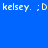 Four identical pixelated text displays on blue backgrounds with varying shades, each showing 'kelsey. :D' in light yellow font.