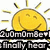 Pixelated yellow sun with closed eyes and a smile, emitting short rays on white background above distorted text.