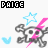 Pixelated icon with skull, pink lightning bolt, blue stars and hearts on white background.