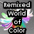 Pixelated image with text "Remixed World of Color" over a colorful, abstract, flower-like shape with multiple hues.