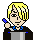 Pixel art character with blonde hair and black jacket holding blue pen, displayed in of 26 variations showing facial expression changes