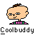 Pixel art buddy icon of a bald cartoon character with brown hair tuft, wearing striped shirt and smiling expression, below which is the text "Coolbuddy" in blocky font.