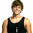 A person in a black tank top with white text on the chest, shown in three variations with different text and background elements.