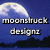 Pixelated image with blue background, white moon graphic, and two lines of distorted text reading 'moonstruck' and 'designe'.