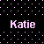 Black background with scattered light purple squares and the name 'Katie' in large light purple pixelated text.