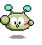 Four pixel-art depictions of a green alien-like character with antennae, varying in facial expression and head orientation against a gray background.