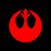 Red circular icon with wing-like cutouts and central emblem rotates through multiple angles against black background.