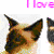 Pixelated image of four Siamese cat heads with pink text reading "I love Siamese" and "Cats" on a white background.