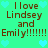 Pixelated text on a green background with light blue hearts, repeating 'I love Lindsey and Emily!!!!!!' in brown font.