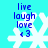A static digital image displays four identical white snowflake icons on a cyan background, each with blue text reading 'live laugh love <3' in a pixelated font.