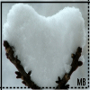 Snow-covered heart shape resting on brown branches with small buds, set against a light gray background.