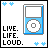 Pixelated blue and gray music player icon with 'LIVE. LIFE. LOUD.' text, surrounded by light blue star shapes on white background.