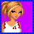 Pixel art contact sheet showing four frames of a female character with blonde hair, white tank top with cherry design, pink skirt, and black sandals against purple background.