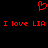 Red pixelated heart symbol above repeated red text 'I love LIA' on black background.