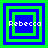 Four square display a pixelated name 'Rebecca' over nested blue and green squares with varying border thicknesses