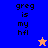 Blue and orange background split with 'greg is my hfl' text, two star icons in different colors.