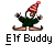 Pixelated cartoon elf character with red-and-white checkered hat and green tunic, shown in two animated frames on a gray background with promotional text for 'badassbuddy.com'