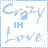 A 4x3 contact sheet of a blue-and-white animated buddy icon featuring the text "Crazy in Love" with heart symbols, showing frame-by-frame animation changes across 12 sampled frames.