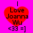 Red heart-shaped icon with black text "Love Joanna Wu" and emoticon <33 =] on bright pink background.