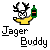 Pixelated character with black antlers, white face, and yellow shirt holding a green bottle with orange stripe against gray background.