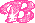 Pixelated pink and white animated text 'B' with a sparkling effect on gray background.