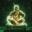 A seated figure with glowing green outline and golden torso appears in , transitioning from bright to dim states against dark background