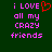 Green background with pink pixelated text reading 'i LOVE all my CRAZY friends' and a red heart symbol replacing the letter O in LOVE.