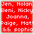 Red square with white text listing names against a light green background, repeated in four identical