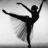 Black silhouette of a ballet dancer in a high arabesque pose against a gradient gray background with pixelated rendering.