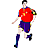 Pixelated figure in red shirt and purple shorts holding a soccer ball, standing against gray background.