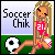 Pixel art buddy icon featuring a female character in sports attire with a soccer ball on a green field background and "Soccer Chik" text.