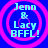 Four identical circular icons with pink concentric rings display "Jenn & Lacy BFFL!" text on a blue background, each showing slight animation differences in ring patterns.