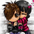 Two pixelated anime-style characters embrace, one in red and black clothing with brown hair, the other in striped attire with dark hair; pink text reads "oh yea its love" below.
