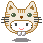 Pixel art cat face with green eyes, brown nose, and striped fur in four variations showing mouth expressions and floating objects.