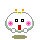Pixelated character with white face, black square eyes, pink cross cheeks, orange-yellow antennae, green border, and red mouth on gray background.