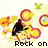Pixelated image of a dark-haired figure playing an electric guitar with yellow and red circular shapes surrounding them, text reading "Rock on" at the bottom.